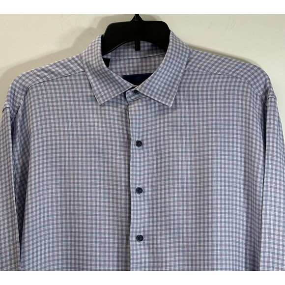 David Donahue Dress Shirt Sz 17.5 XL Fusion Gingham Check Button Up Linen Blend - Picture 2 of 11